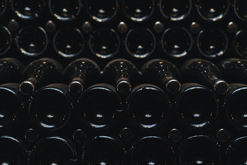 Many old wine bottles covered with dust