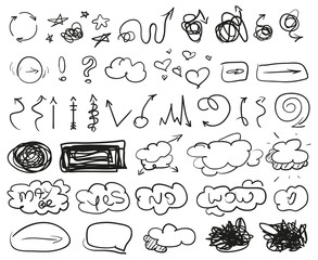 Set of infographic elements on isolated background. Big set of different signs. Hand drawn simple elements. Clouds with inscriptions. Line art. Abstract circles, arrows and frames