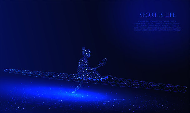 Abstract geometry polygonal girl on a kayak. Low poly vector illustration like starry sky, made with triangles, points and lines. Sport concept