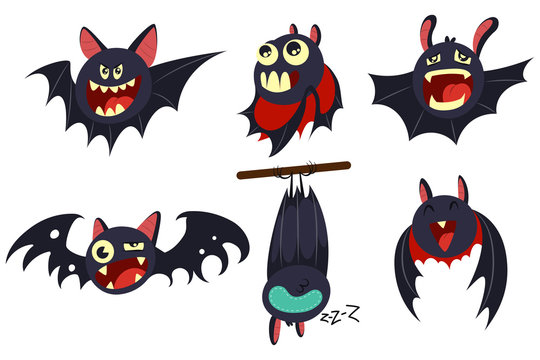 Vampire bat vector cartoon character set isolated on white background. Сute personage with different emotions for Halloween.