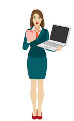 Businesswoman holding a laptop notebook and piggy bank