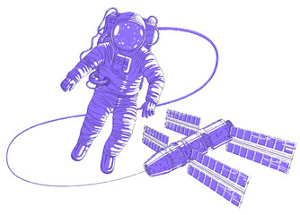 Fototapeta premium Spaceman flying in open space connected to space station, astronaut man or woman in spacesuit floating in weightlessness and iss spacecraft behind him. Vector illustration isolated over white.