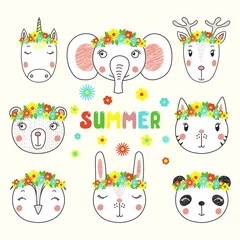 Sierkussen Set of cute funny unicorn, bunny, cat, panda, deer, owl , bear, elephant faces in flower crowns. Isolated objects on white . Hand drawn vector illustration. Line drawing. Design concept children print © Maria Skrigan
