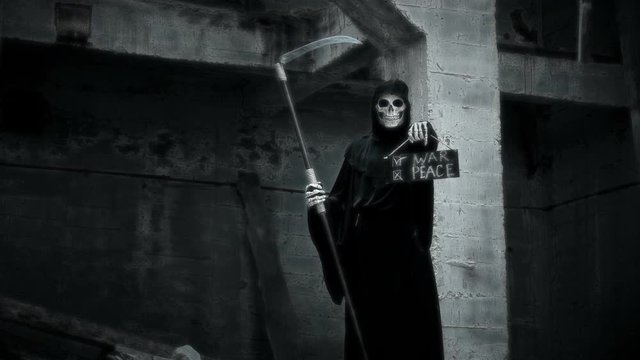 death with a scythe raises a sign with the inscription war or peace