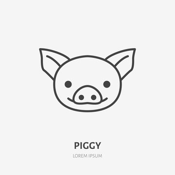 Cute piggy head flat line icon. Smiling pig sign. Thin linear logo for kids products.