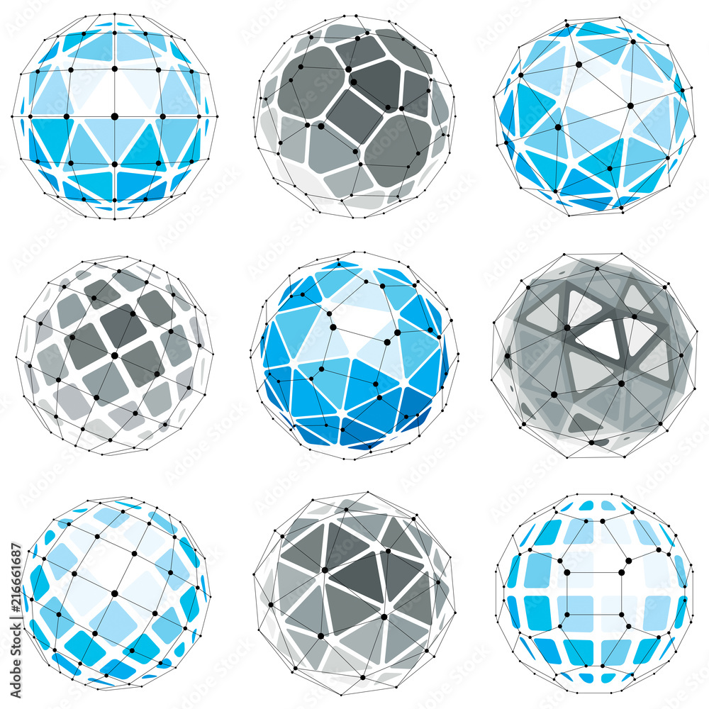 Fototapete 3d vector digital wireframe spherical objects made using different geometric facets. polygonal orbs 