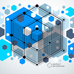 Abstract geometric vector blue background with cubes and other elements. Composition of cubes, hexagons, squares, rectangles and abstract elements. Perfect background for your design projects.