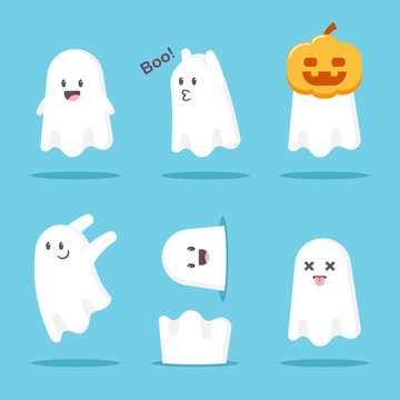 Cute cartoon ghost set. Vector Halloween funny character monster isolated on white background.