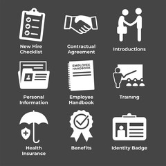 New Employee Hiring Process icon set   w checklist, handshake, training, etc