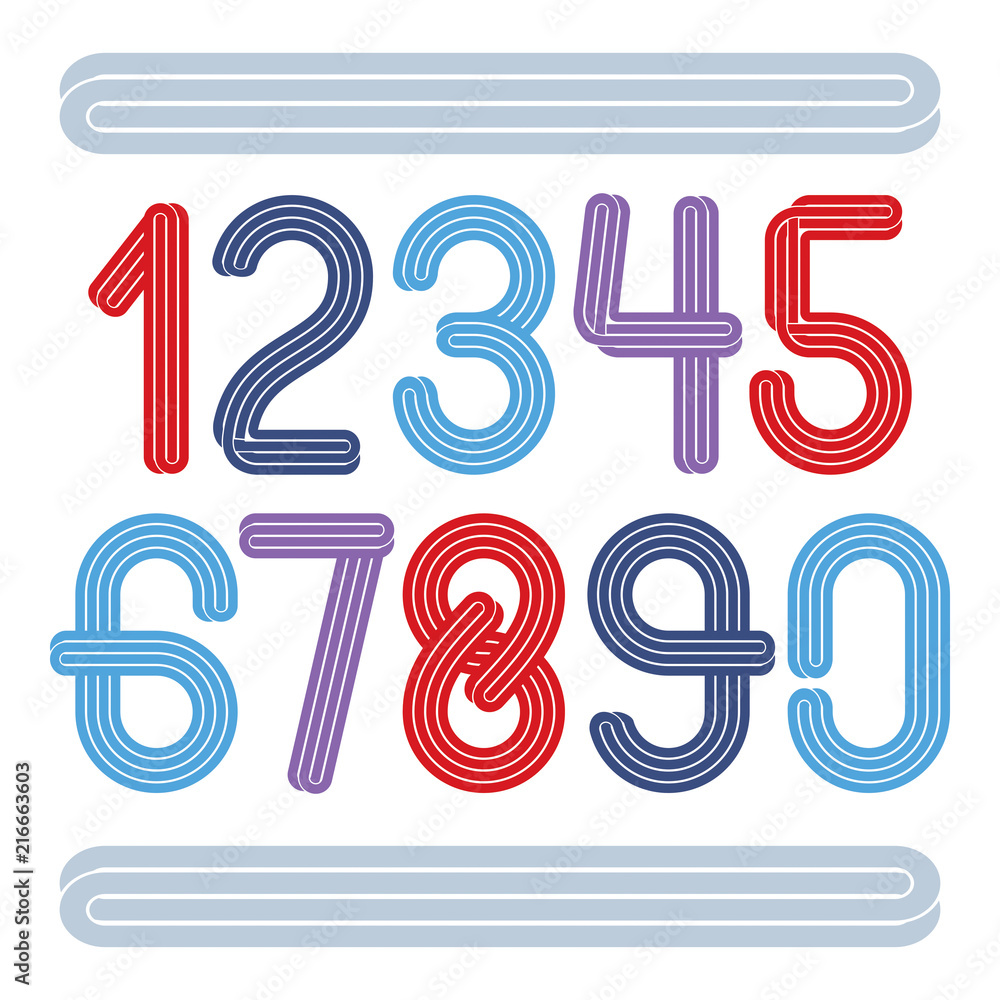 Poster set of vector funky rounded numbers made with parallel lines, can be used for logo creation in enter