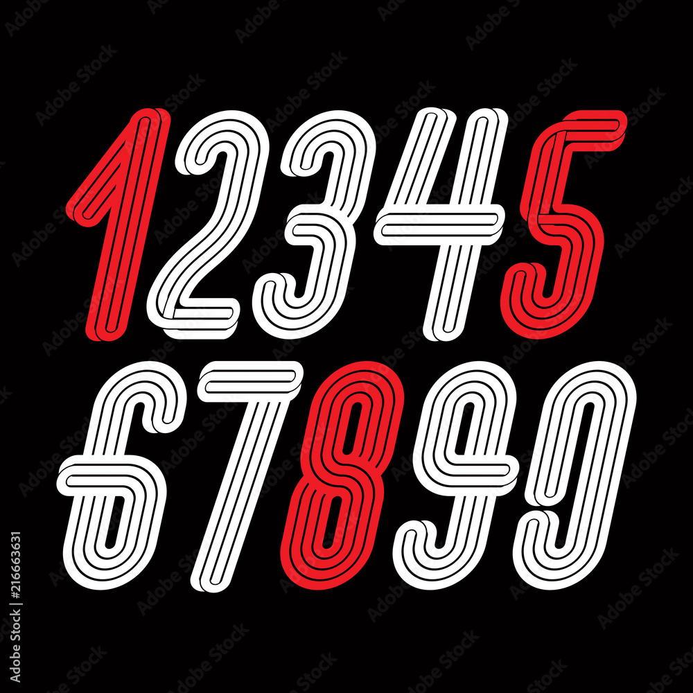 Aufkleber modern vector digits, funky tall decorative numerals collection made with parallel lines. for use as
