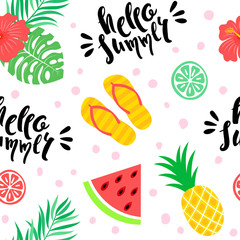 Tropical seamless pattern. Summer colorful background. Jungle leaves, fruits. Vector illustration.