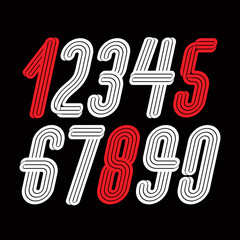 Modern vector digits, funky tall decorative numerals collection made with parallel lines. For use as poster design elements for anniversary and birthday greeting.