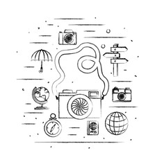 camera photographic with travel set icons vector illustration design