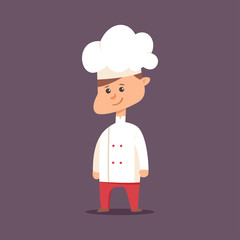 Funny chef kid in hat and uniform cartoon character. Cute cook vector illustration isolated on background.