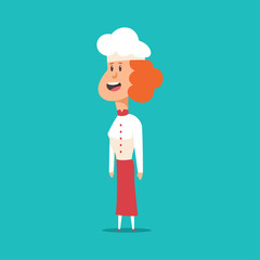 Funny chef woman in hat and uniform cartoon character. Cute cook vector illustration isolated on background.