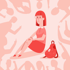 Bullying vector cartoon concept illustration. Teen girl cries from insults over her. Demonstration of school teenage bully and aggression towards other child.