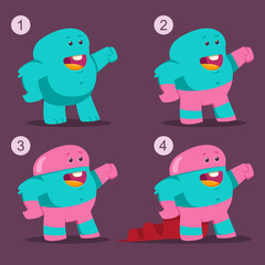 Cute superhero monster in mask and cloak. Vector funny creature flat character set isolated on background.