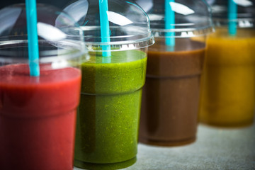 Colorful smoothie selection, selective focus, food background