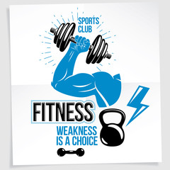 Weightlifting club promotion flyer. Vector composition created using athletic sportsman biceps arm with disc weight dumbbell and kettle bell sport equipment. Weakness is a choice lettering.