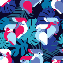Seamless background with decorative parrots. Birds in the sky. Textile rapport.