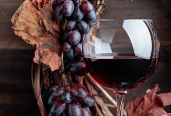 Glass of red wine with grapes and dried  leaves.