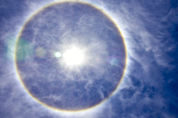 Solar halo in the blue sky with white clouds