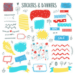 Banners and stickers funny doodle set with sketch elements. Vector graphic illustration - 216666224