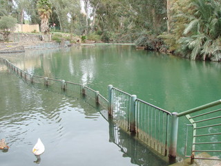 Naklejka premium The landscape of the Jordan River is surrounded by evergreen southern trees on both shores, where at one time John baptized Jesus with water.