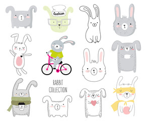 Vector collection of cute doodle rabbit. Adorable objects isolated on background