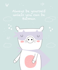 Vector postcard with line drawing superhero pig with cool slogan