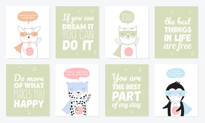 Vector postcard collection with superhero animals and cool slogan