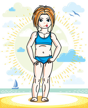 Little redhead girl toddler standing on sunny beach and wearing swimming suit. Vector kid illustration. Summer holidays theme.