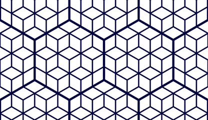 Geometric cubes abstract seamless pattern, 3d vector background. Technology style engineering line drawing endless illustration. Single color, black and white.