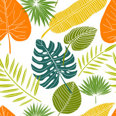 Fototapeta na wymiar Tropical leaves seamless pattern with flowers, branches. Vector illustration.