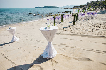 Snack, Glasses table decorating with white cloth on the beach, beach wedding venue background