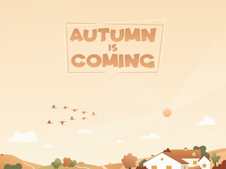 Autumn landscape with migratory birds and houses on the hills. Background with migratory ducks.