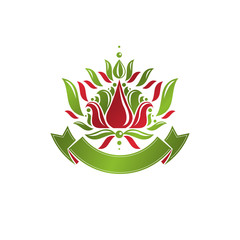 Vintage heraldic vector logotype made using lily flower royal symbol with beautiful blossom. Eco friendly product symbol, king quality theme illustration.