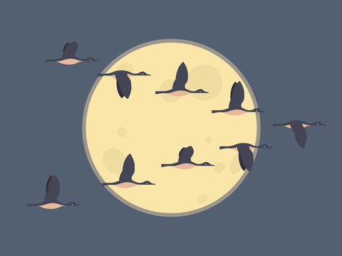 Flock Of Migrating Geese Flying. Migratory Birds Concept. Night Sky Background With Moon.