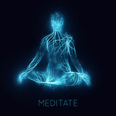 Vector concept of human meditaion. Sacral energy flows through prayer body on his way to enlightment. Yoga pose of relaxation. Asian spiritual practice. Magical glowing energy routes and spakrs.
