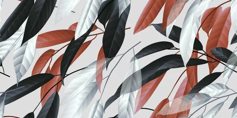 Gordijnen Seamless pattern, black, red and white long leaves on light grey background © momosama