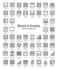 Blinds & Shades. Window shutters & panel curtains. Home decor elements. Window coverings. Line icon collection.