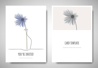 Minimalist greeting/invitation card template design, blue Chrysanthemum flower in simple line vase on white background