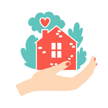Vector illustration of a hand carefully holding a brick house. Love your home. Housewife takes care of the house. Eps10.