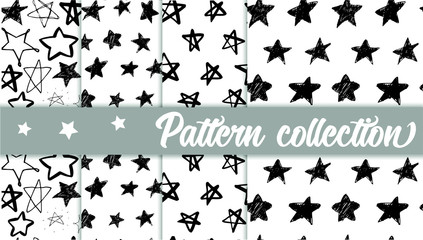 a set of four seamless patterns with hand sketched stars on a white background