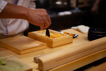 Fototapeta na wymiar Professional and experienced sushi chef is carefully spoon a delicate and top quality uni or sea urchin to make sushi. Precision and Finesse at its best practice to achieve top performance in business