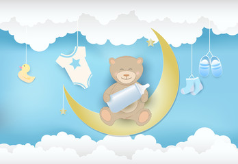 Paper art of cloud with toy shower and teddy bear sitting on the moon baby boy card illustration