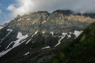View at the Chaukhi mountain range from the  Chaukhi mountain pass in Georgia.