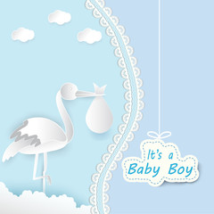 Paper art of stork with baby and cloud baby boy shower card
