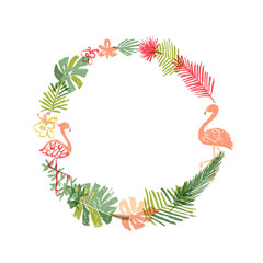 Hand drawn tropical flower and flamingo wreath. Vector illustration isolated on white background. Floral paradise, exotic plant leaf and bird border